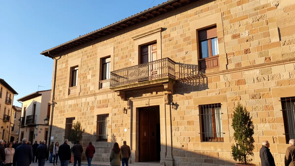 Fachada del Ayuntamiento de Valdemorillo con balcón y barandillas de hierro, bajo la luz del sol de la tarde.