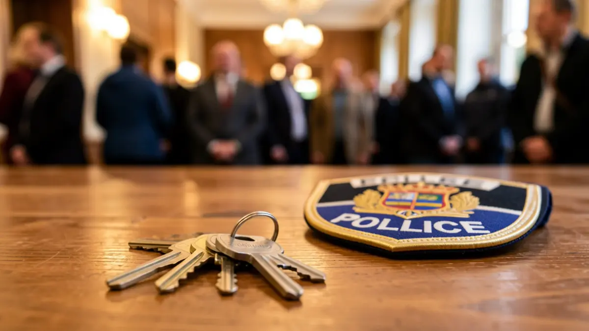 Image of keys on a table next to a police badge.