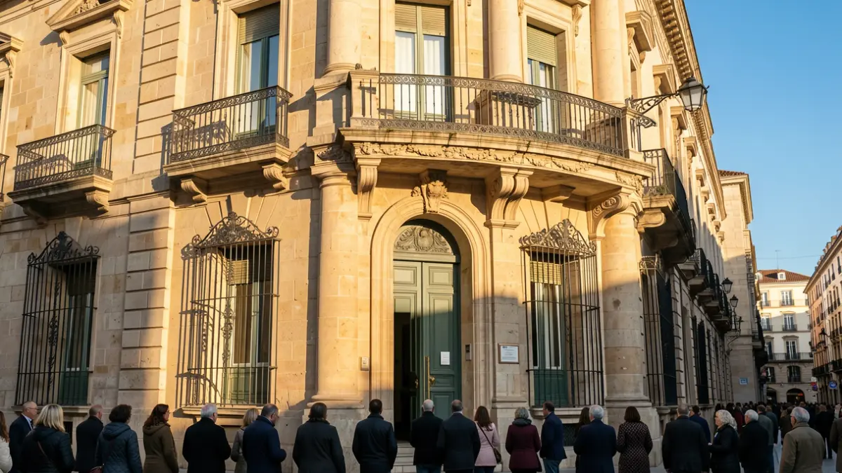 Facade of a town hall in the Community of Madrid with a balcony and iron railings, warm afternoon light.