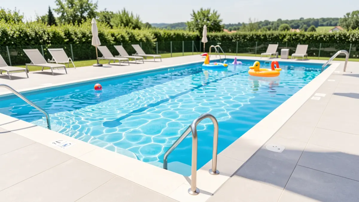Imagen de la piscina de verano de Valdemorillo recién remodelada, con zona de juegos acuáticos.