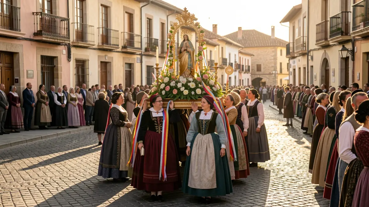 Imagen genérica de una romería tradicional en un pueblo español con gente vestida de serrano.