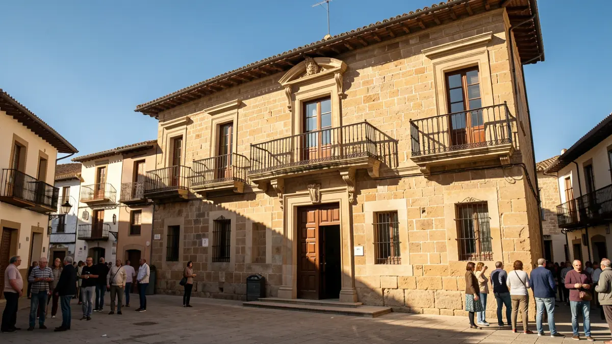 Fachada de un ayuntamiento de piedra con balcón y barandillas de hierro, luz de tarde cálida, cielo azul.