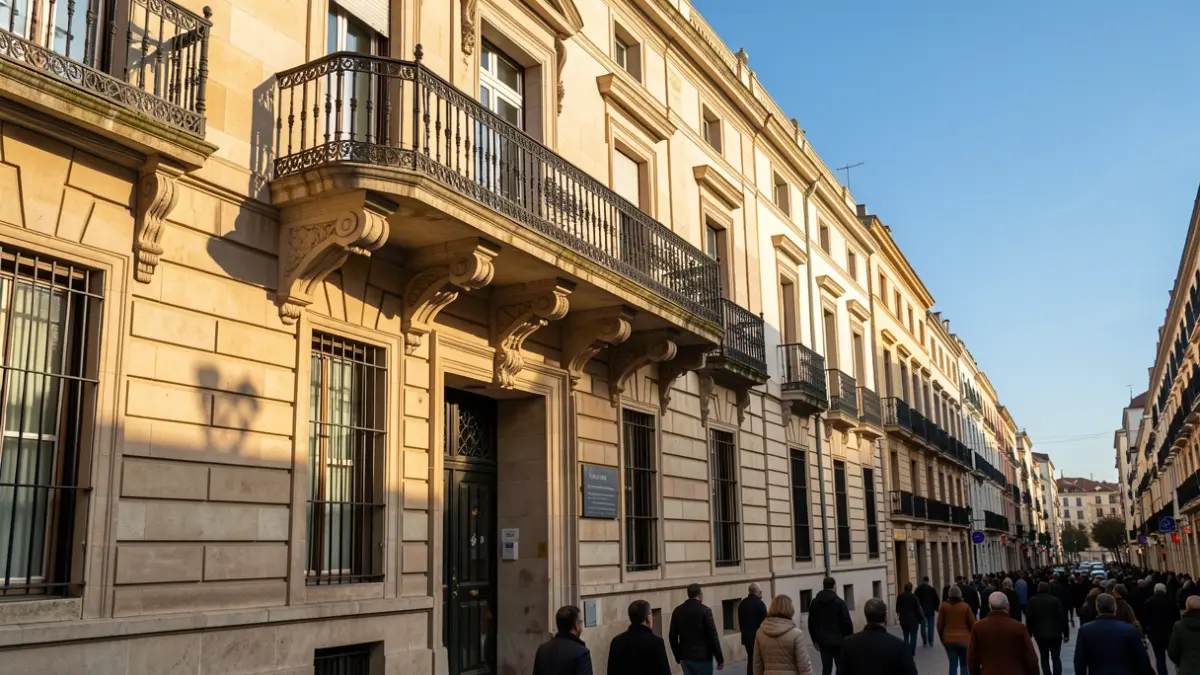 Facade of a town hall in the Community of Madrid with a balcony and iron railings, afternoon sunlight.