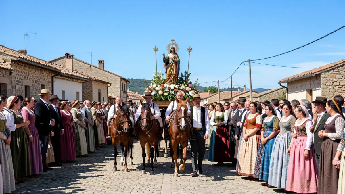 Generic image of a traditional Spanish romería with a procession and festive atmosphere.