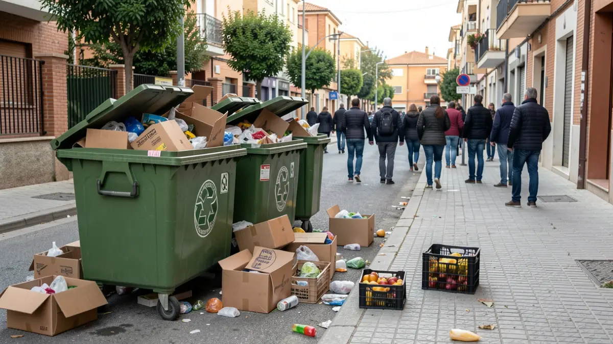Imagen de contenedores de cartón desbordados en la calle Timanfaya de Alcorcón, con cajas de comercios esparcidas por la acera.