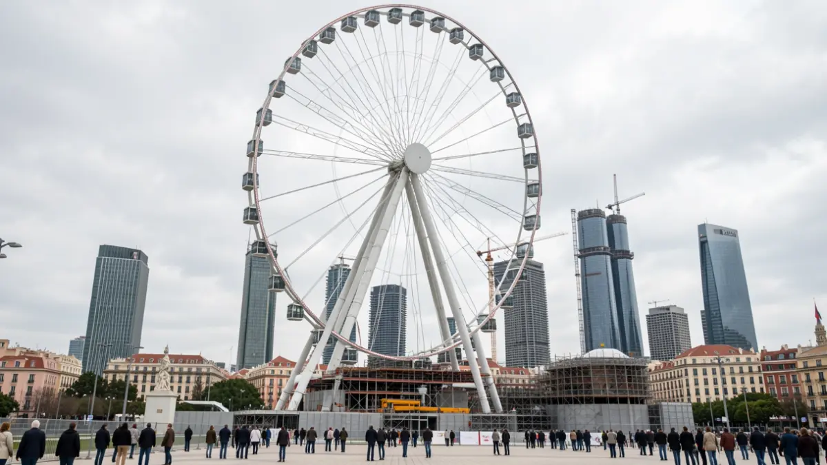 Imagen de una noria gigante en construcción junto a rascacielos en Madrid.