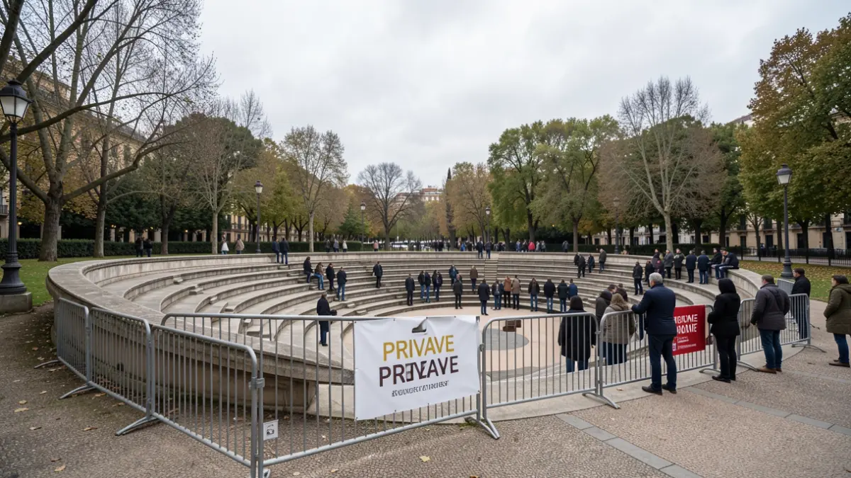 Exterior view of a public amphitheater in a Madrid park with private event signage.