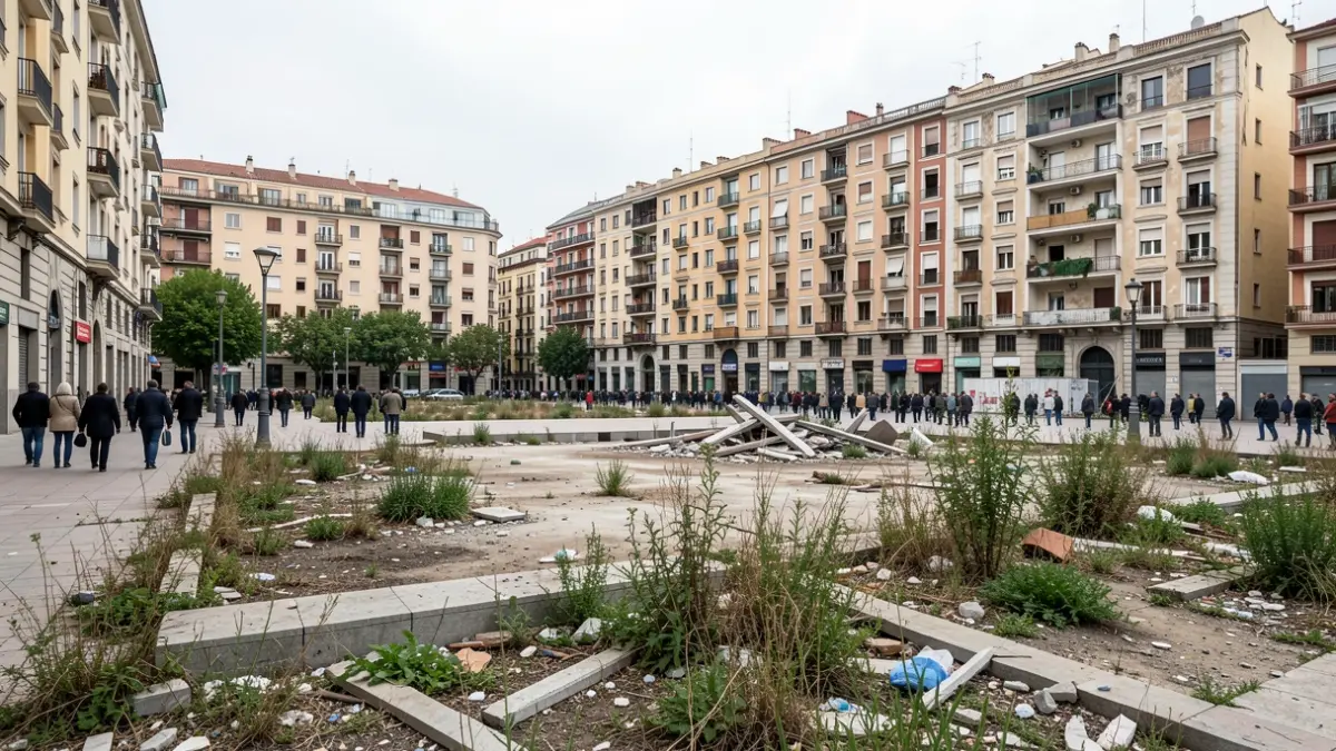 Generic image of a neglected urban square in Madrid with an abandoned lot.