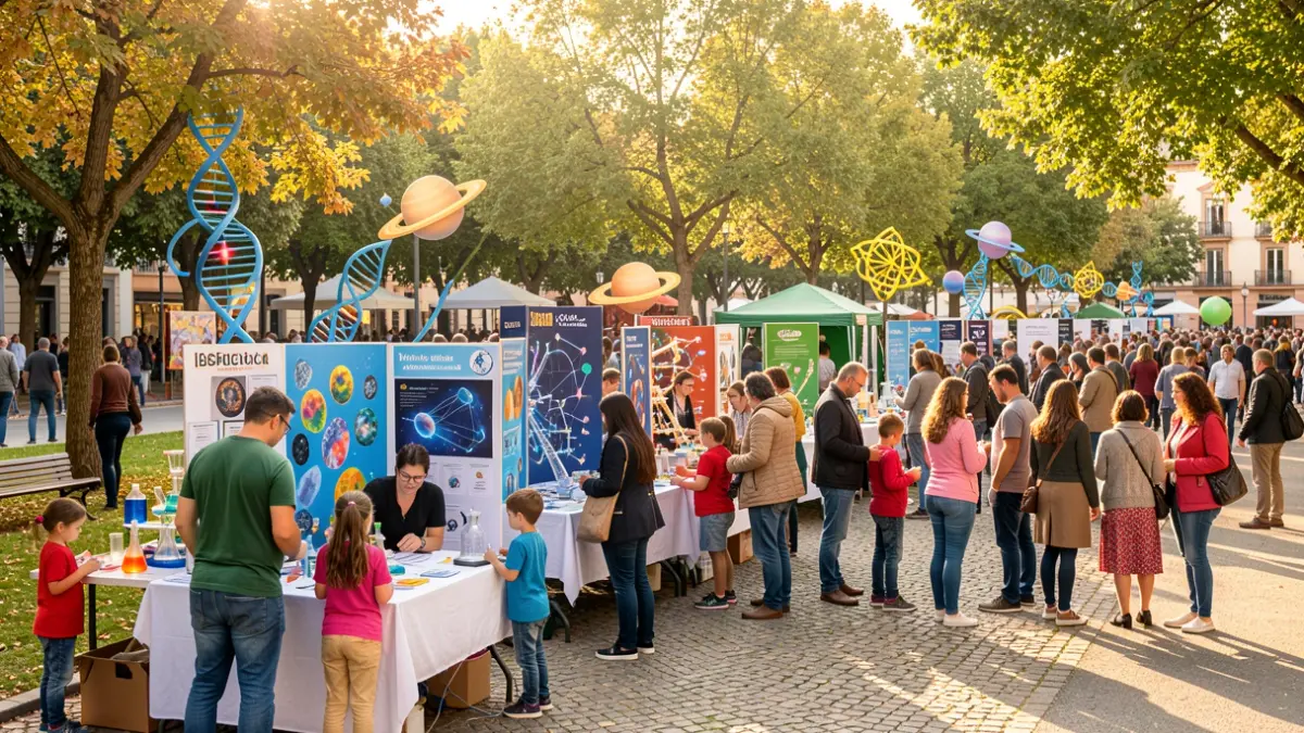 Generic image of a science fair with families and children participating in interactive activities in the Community of Madrid.