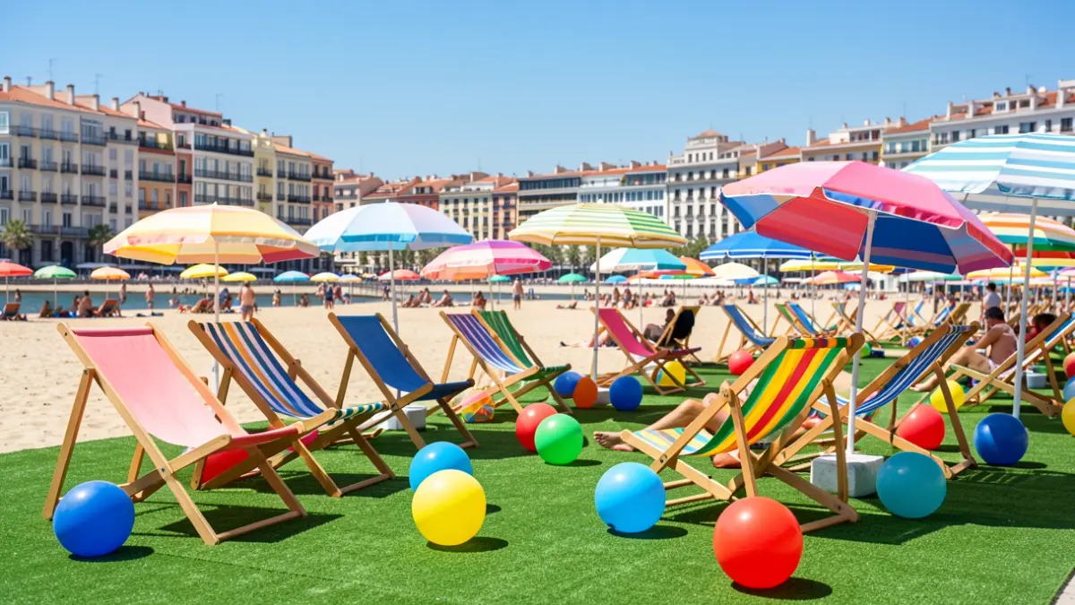 Escena de playa urbana con hamacas y sombrillas para el festival Veranos de la Villa en Madrid.