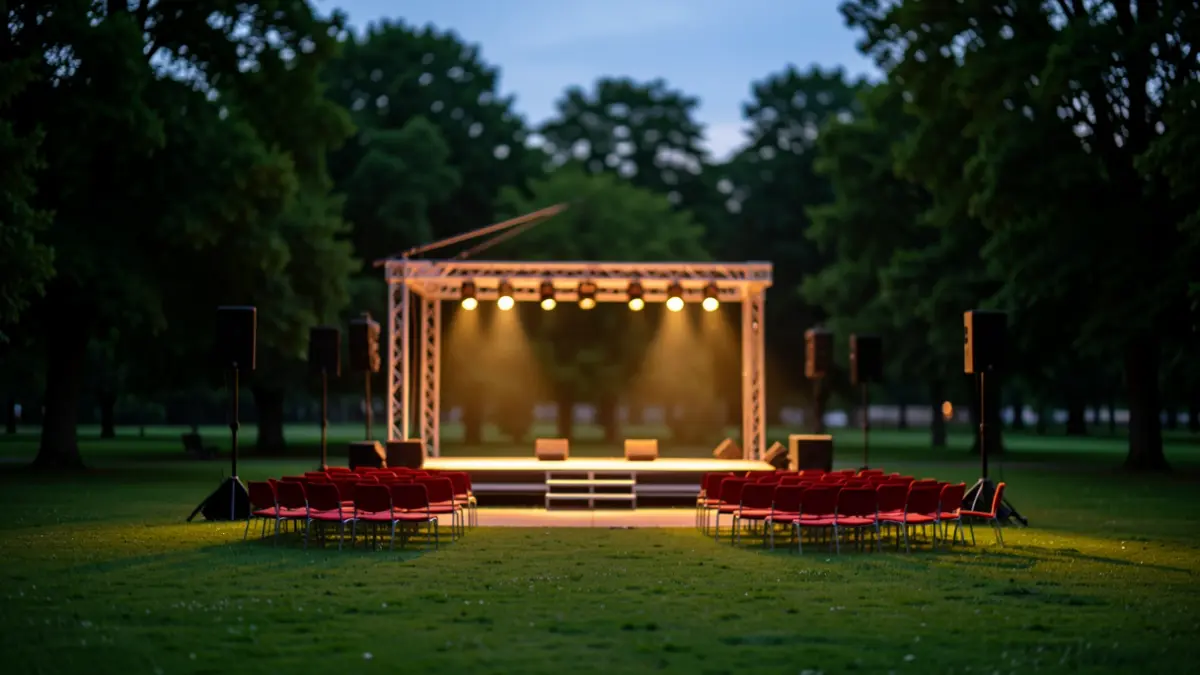 Outdoor stage in a park at dusk, with soft lights and blurred trees.