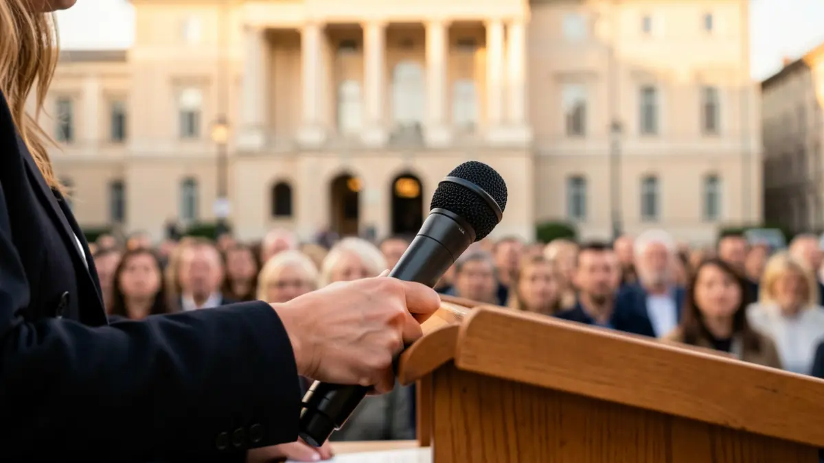 Close-up of a woman's hand holding a microphone on a podium, with blurred city hall architecture in the background.