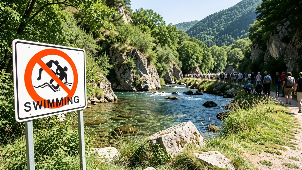No swimming sign next to a river in a protected natural park.