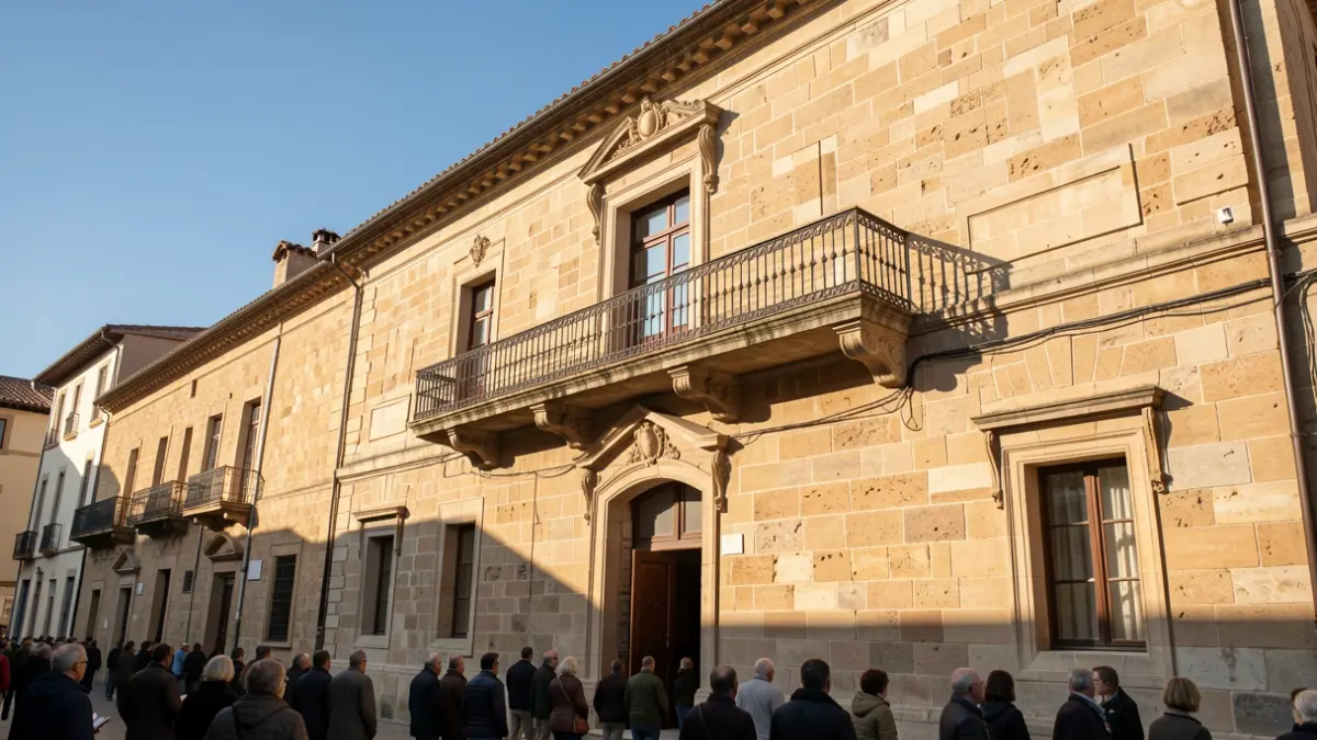 Fachada de un ayuntamiento tradicional de piedra con balcón y barandillas de hierro, luz cálida de la tarde.