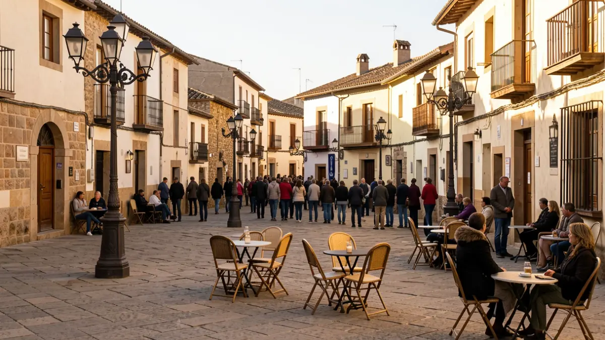 Plaza de un pueblo español con arquitectura tradicional y farolas.