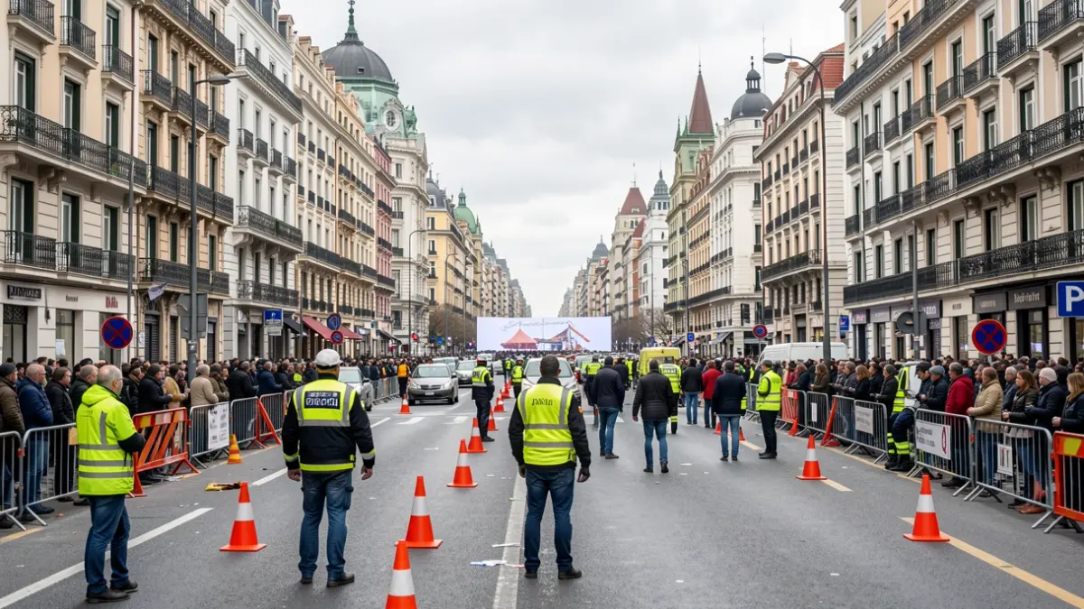 Generic image of a main street in Madrid with traffic restrictions and barriers.