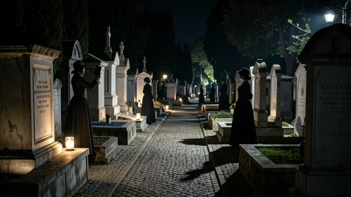 Iluminación teatral nocturna en un cementerio histórico de Madrid, con actores representando personajes ilustres cerca de sus tumbas.