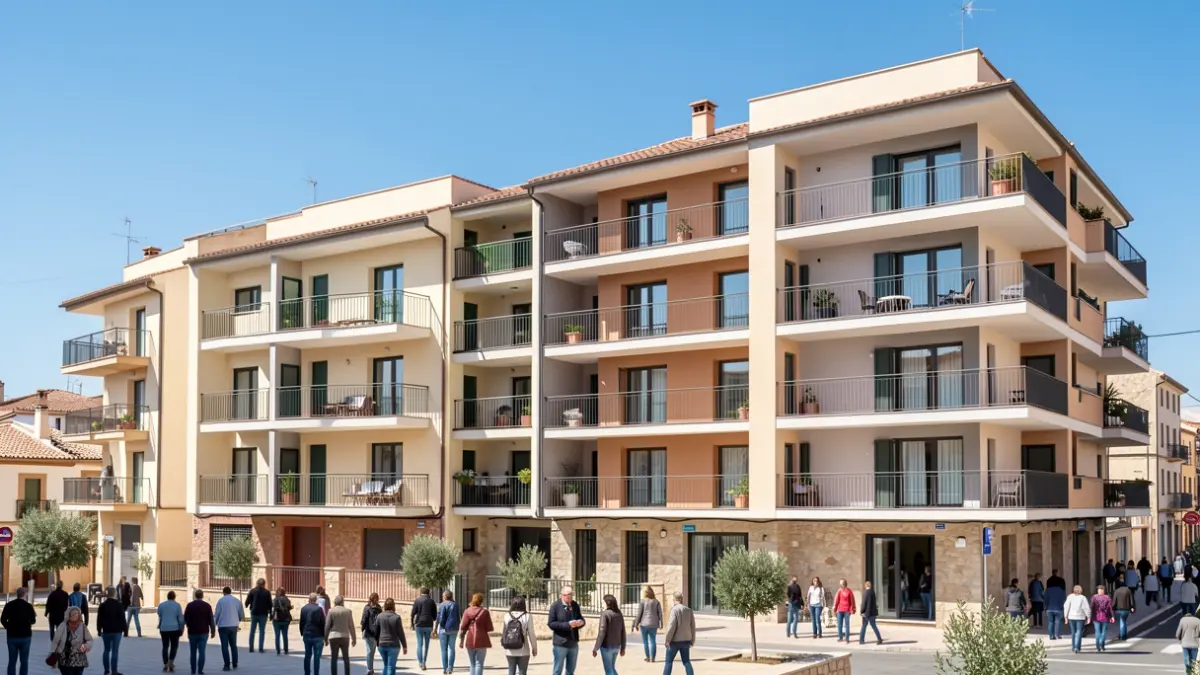 Edificios de viviendas modernas con balcones bajo un cielo azul claro.