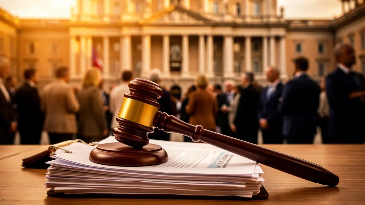 Close-up of a judge's gavel on legal documents, with the Spanish parliament facade blurred in the background.
