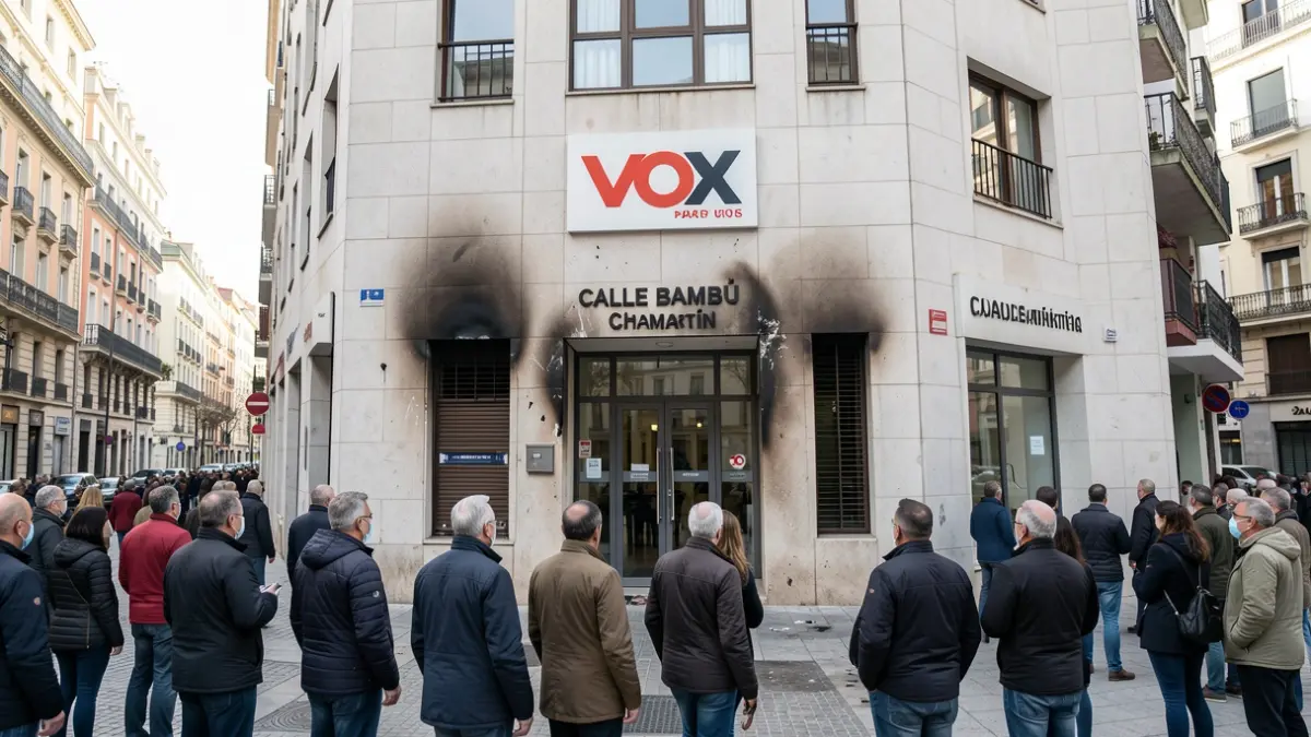 Sede nacional de Vox en Madrid con daños leves en la fachada tras un incendio.