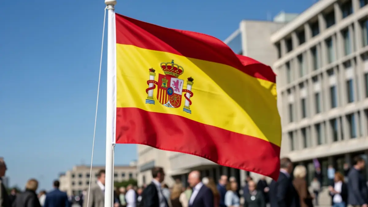 Spanish flag waving in front of an institutional building.