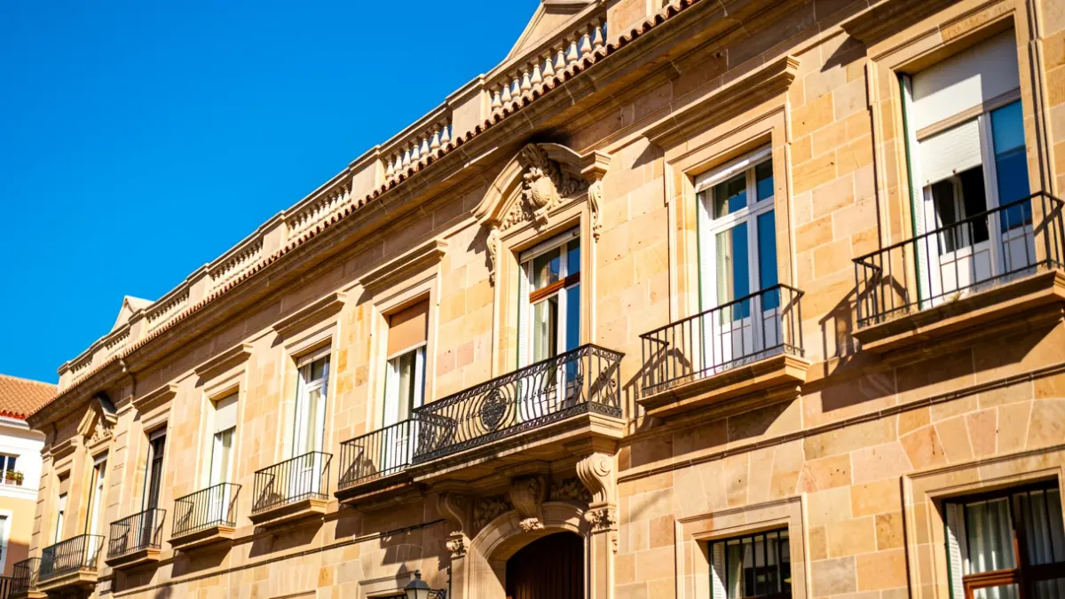 Facade of a school in Madrid with a blue sky.