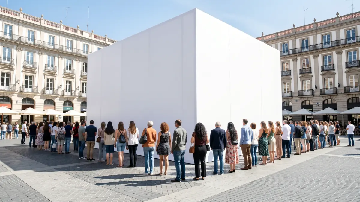 Generic image of a white promotional cube in a public square in Madrid with people queuing.