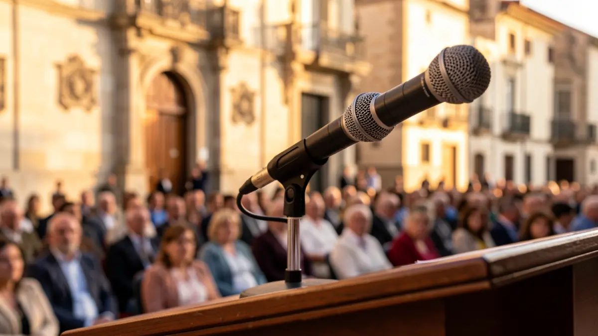 Generic image of a microphone on a podium in a town hall.