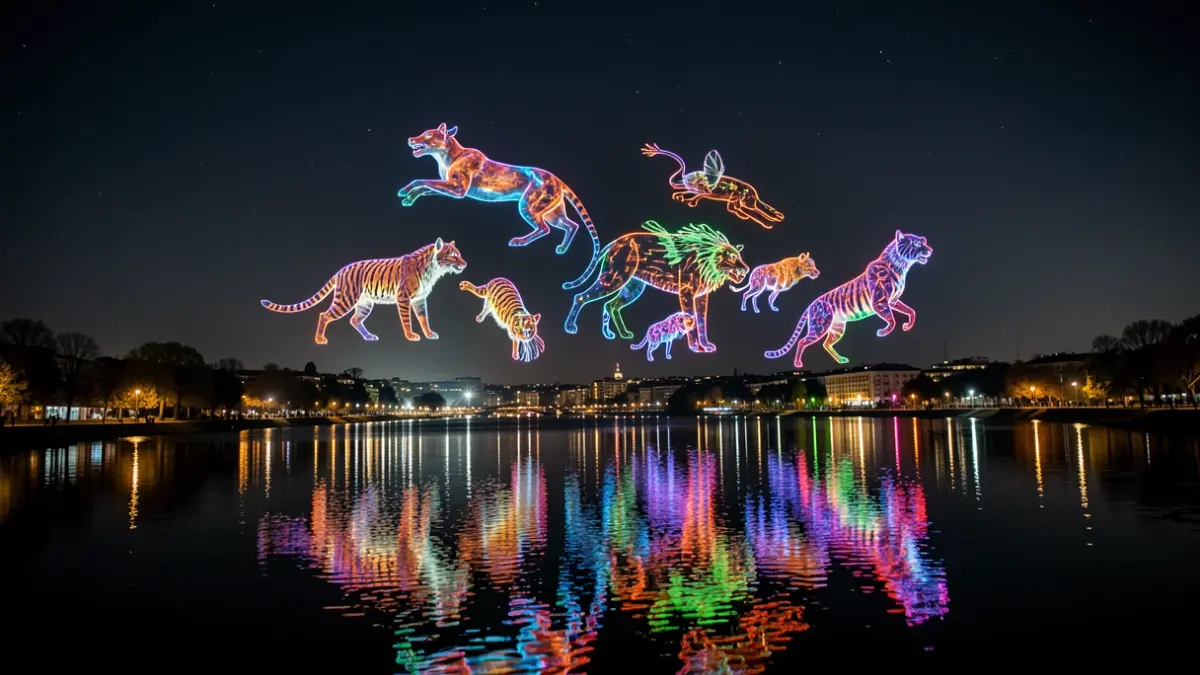 Espectáculo de drones nocturno sobre el Parque del Lago Loranca en Fuenlabrada, formando figuras de animales salvajes.