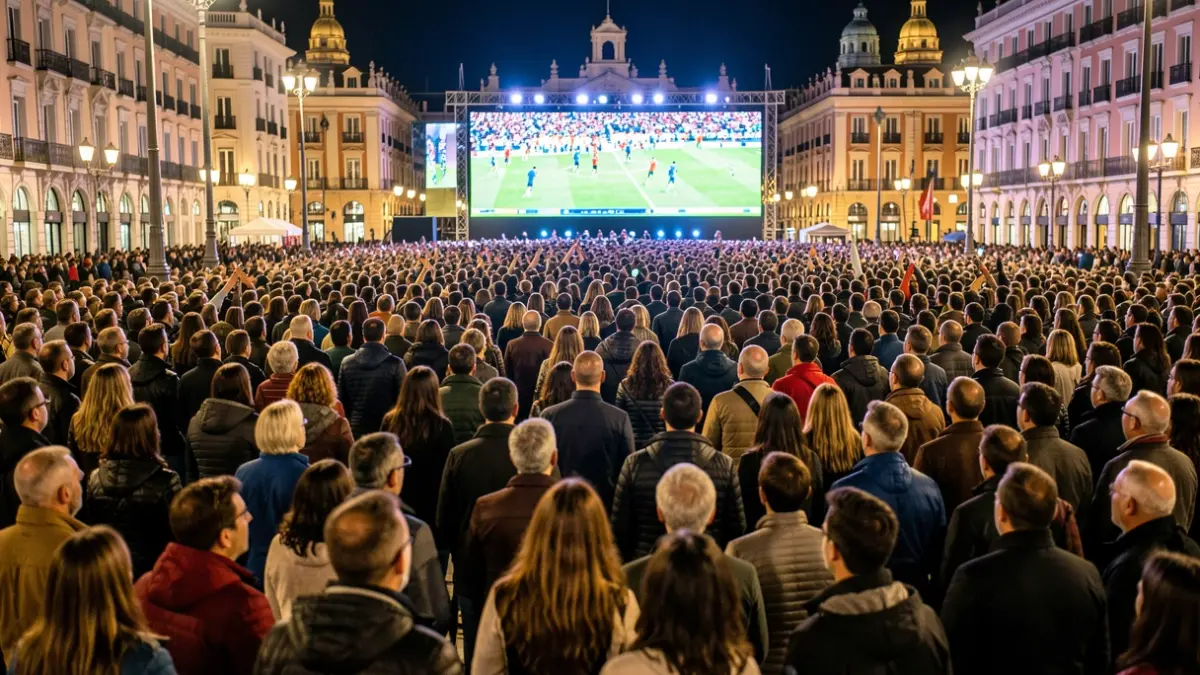 Generic image of a crowd celebrating a football final in a public square in Madrid at night.