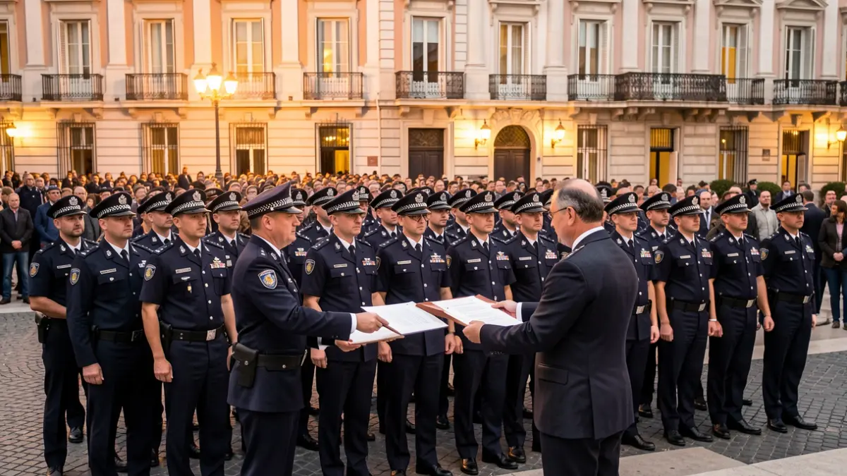 Madrid municipal police officers receiving their official documents in a formal ceremony.