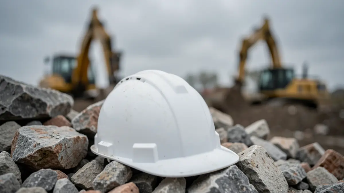 Construction helmet on rubble with blurred industrial machinery in the background.