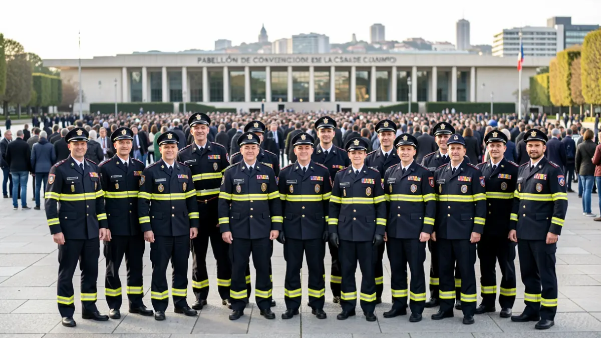 Image of 60 new driver firefighters from the Madrid City Council receiving a welcome at the Pabellón de Convenciones de la Casa de Campo.