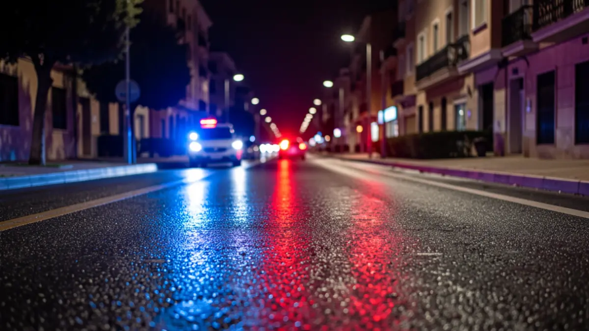 Generic image of emergency lights reflected on asphalt.
