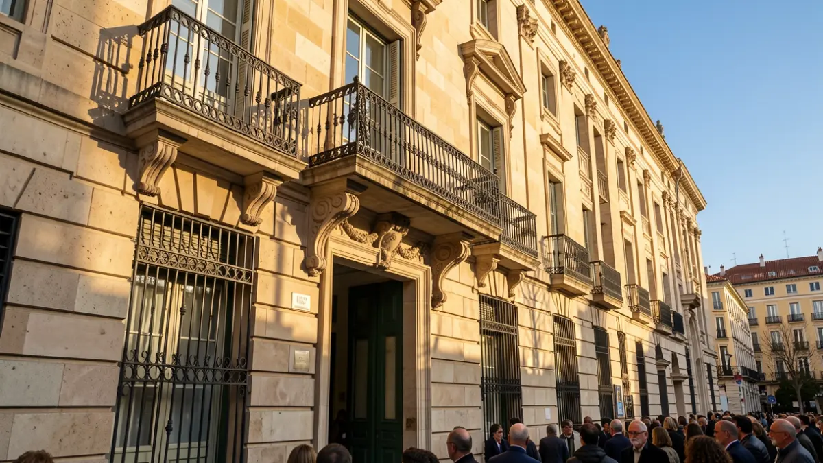 Fachada de un ayuntamiento de la Comunidad de Madrid con balcón y barandillas de hierro, luz cálida de la tarde.