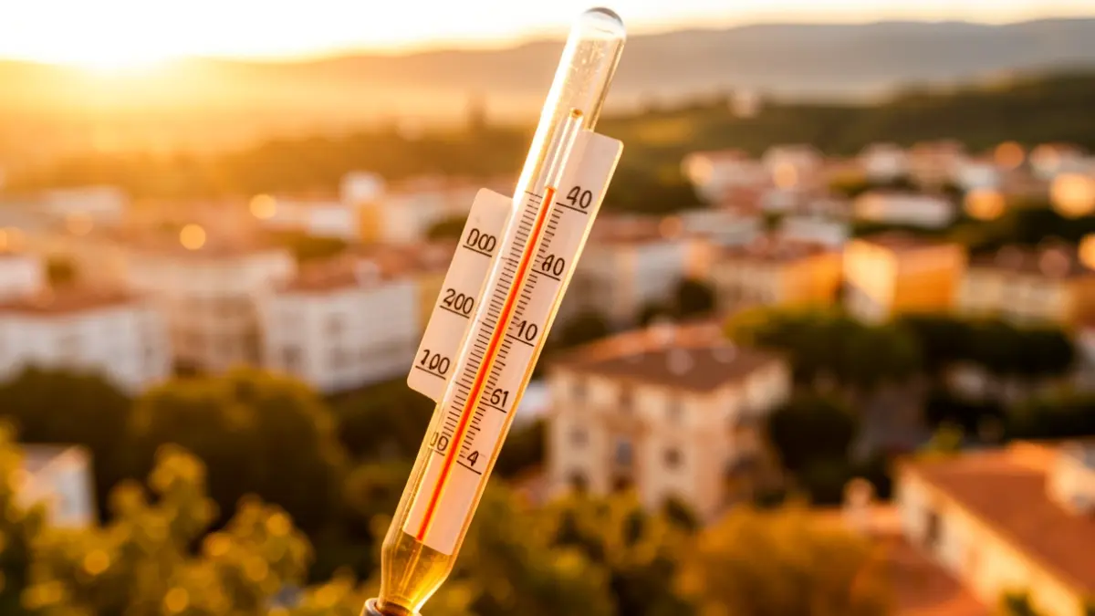 Termómetro marcando alta temperatura en un paisaje de la Comunidad de Madrid por alerta de ola de calor.