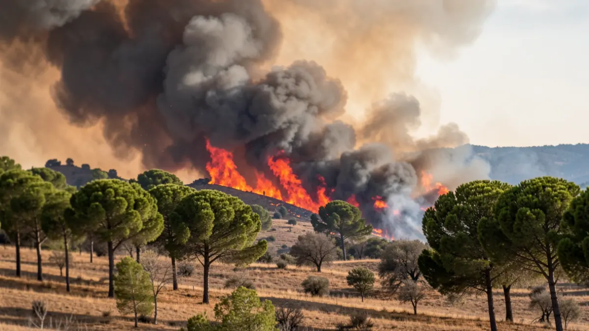 Image of an active forest fire with dense smoke and visible flames in a Mediterranean forest.