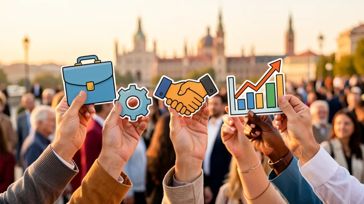 Diverse hands holding employment icons against the Madrid skyline.