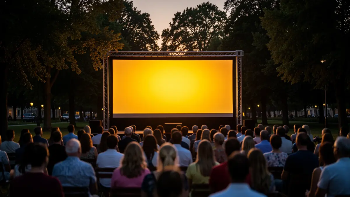 Imagen genérica de una pantalla de cine al aire libre al atardecer en un parque.