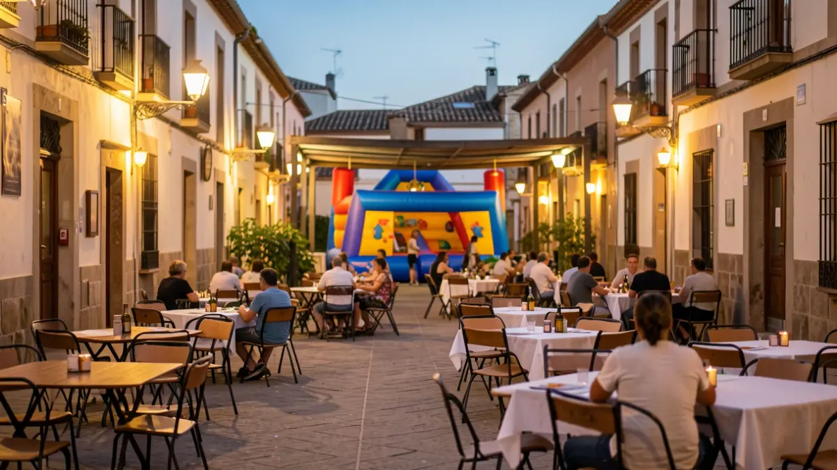 Outdoor plaza in Alcorcón with tables and chairs set up for an event, with an inflatable structure in the background under a cover.