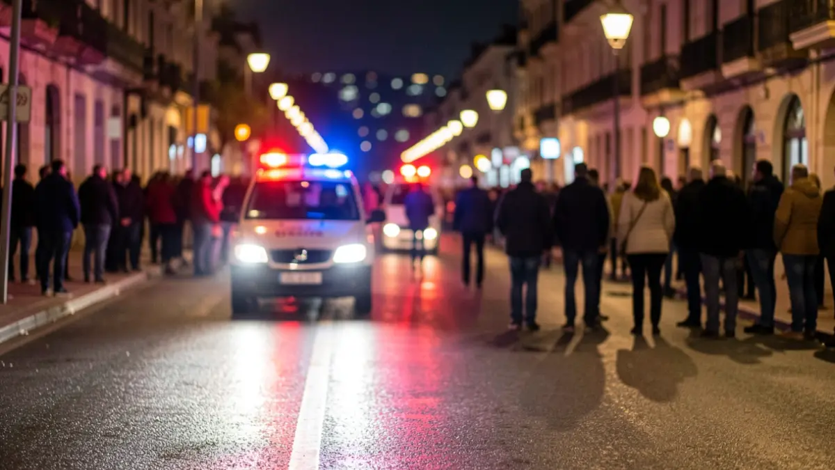Imagen genérica de luces de emergencia reflejándose en asfalto mojado por la noche.
