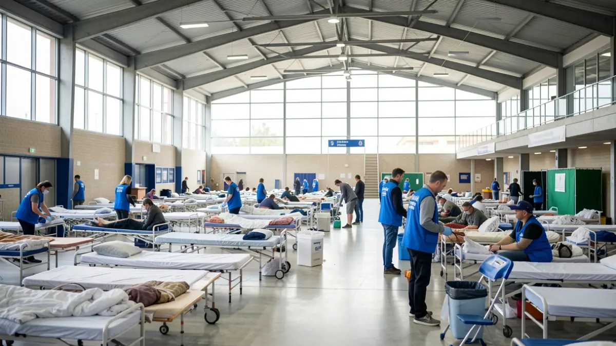 Interior of a sports pavilion set up as a shelter for wildfire evacuees in Alcalá de Henares.
