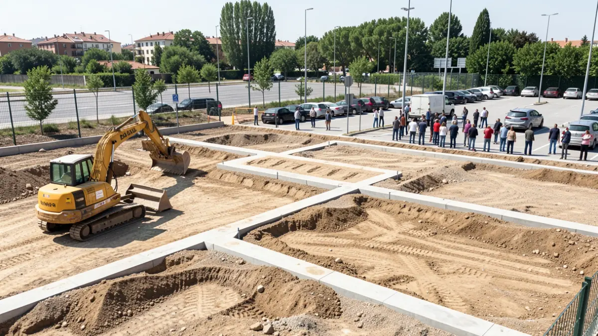 Construction work for the expansion of the parking lot between Camino del Juncal and Jiménez de Quesada street in Alcalá de Henares.