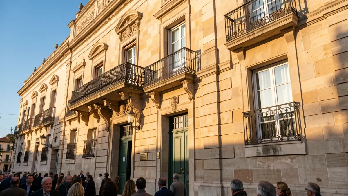 Fachada de piedra de un ayuntamiento de la Comunidad de Madrid con balcón y barandillas de hierro ornamentadas, luz cálida de la tarde proyectando sombras en los muros de arenisca, cielo azul.
