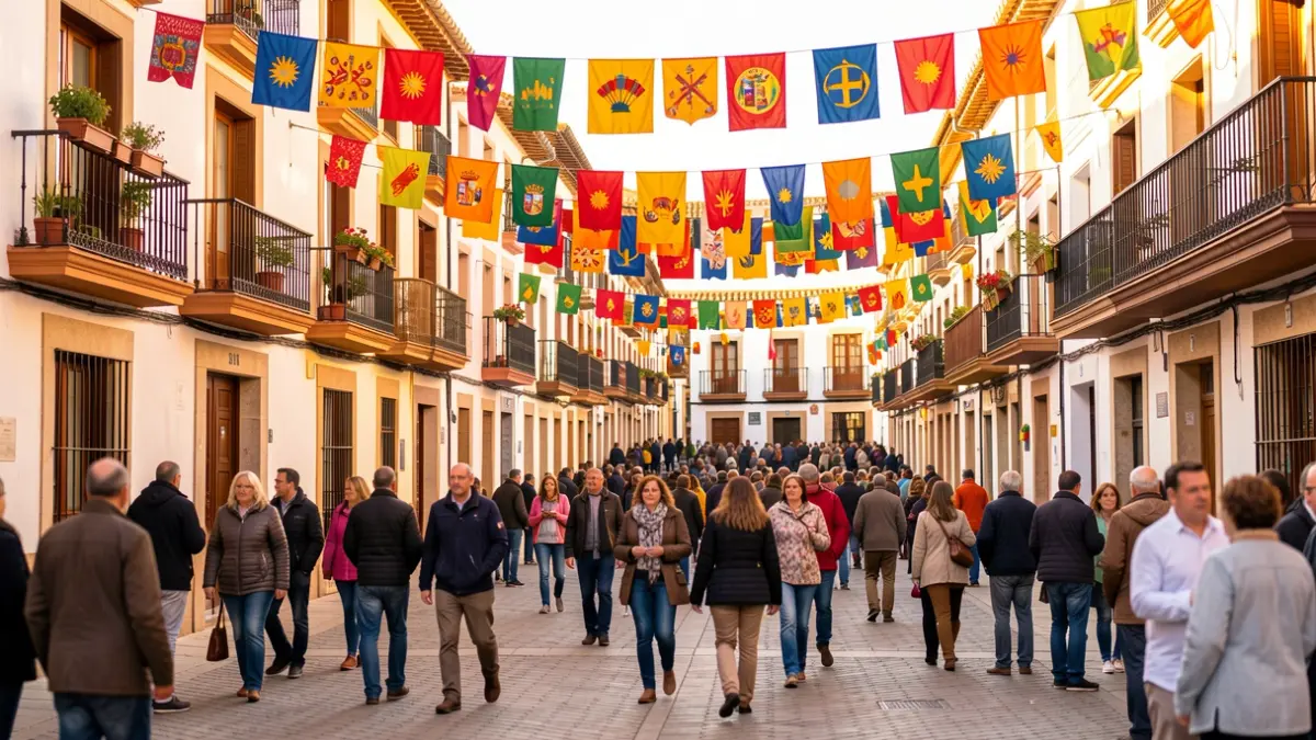 Imagen genérica de una plaza de pueblo español durante una fiesta local con ambiente festivo y arquitectura tradicional.