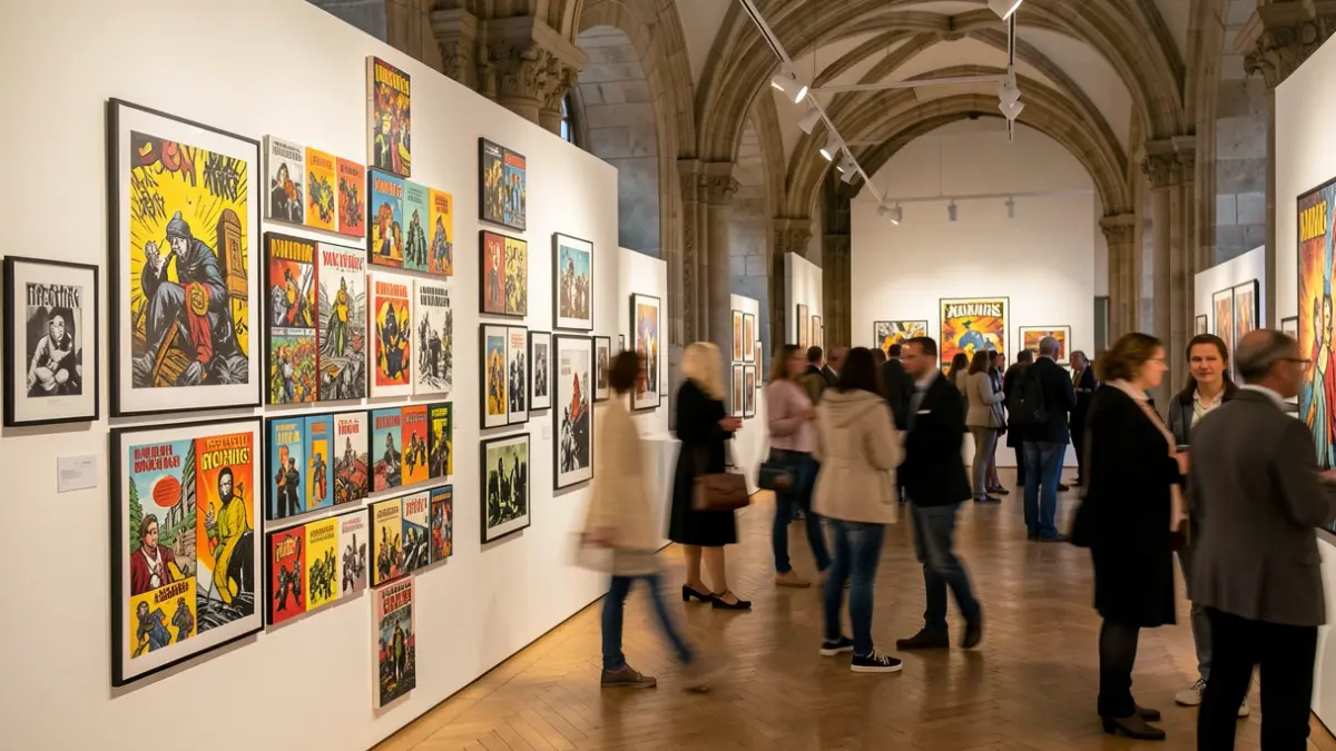 Espacio expositivo en un edificio histórico con obras de humor gráfico y viñetas.