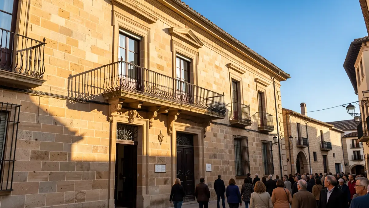 Facade of a stone town hall with a balcony and iron railings, afternoon sunlight.