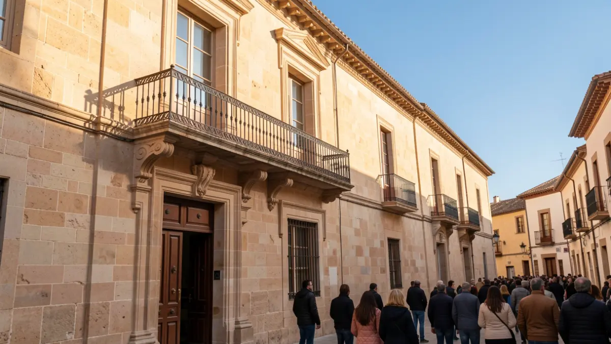 Facade of the Alcalá de Henares City Hall with an iron balcony in the afternoon light.