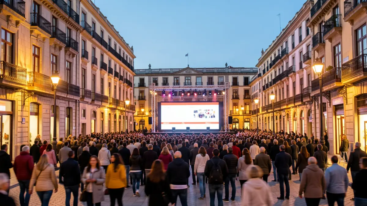 Imagen genérica de una plaza pública española con una pantalla gigante y gente reunida.