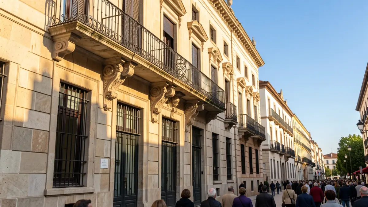 Facade of a town hall in the Community of Madrid with a balcony and iron railings, afternoon sunlight.